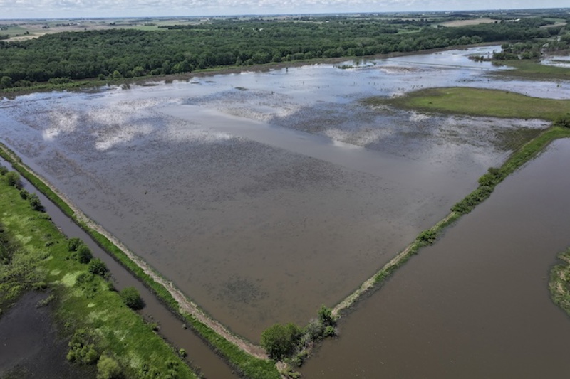 Aerial shot of flooded fields