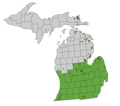 Michigan map with southern counties called out in green and many markers spread throughout the state