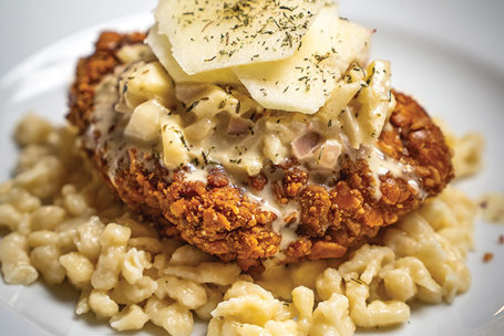 Recipe: Pretzel-Crusted Pheasant Cutlets with Apple-Cream Sauce and Spätzle